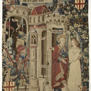 Tapestry depicting sleeping guards and a man exiting a building with an angel. Front view.