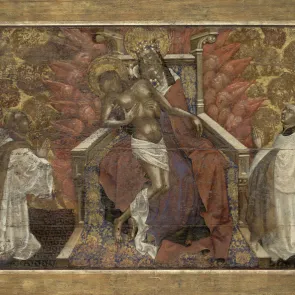 Panel pintado que representa a Cristo, Dios Padre y el Espíritu Santo rodeados por varios canónigos en oración.