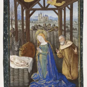 Folio iluminado que representa una escena de la Natividad. Vista frontal.