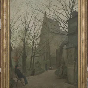 Painting depicting a man seated on a bench in the garden of the Cluny Museum. Front view.