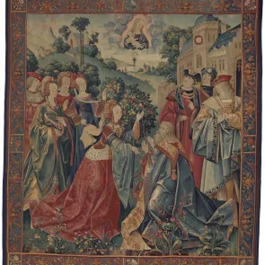 Tapestry depicting a woman announcing a prediction to a kneeling man. Several people surround the scene. A Virgin and Child emerges from the clouds in the background.