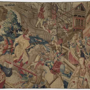 Tapiz que representa una escena de batalla en primer plano y una escena de embarque al fondo. Vista frontal.