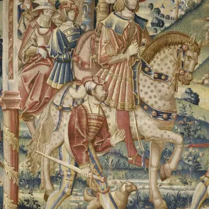 Tapestry depicting a man holding a sword beside a horseman followed by other riders. Front view.