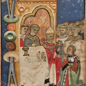 Illumination depicting a pope offering a golden rose to a kneeling man before him. Front view.
