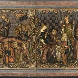 Painting on wood depicting four scenes from the life of the Virgin. Front view.
