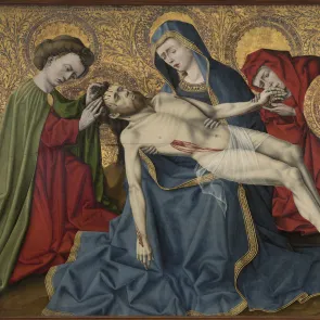 Tablero de madera pintado: Cristo en el regazo de la Virgen, rodeado de personajes. Vista frontal.