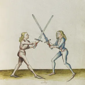 Dibujo que representa a dos hombres a pie luchando con espadas. Uno viste de rojo y el otro de azul.