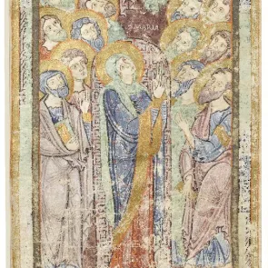 Illuminated leaf: Christ blessing between two angels above haloed figures with upturned faces. Front view.