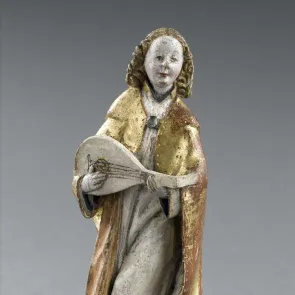 Polychrome wooden sculpture of a standing angel musician playing the lute. Front view on a neutral background.