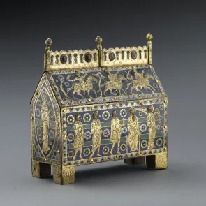 Goldsmith object with faces adorned with enameled scenes. On the visible face: several standing or mounted figures.