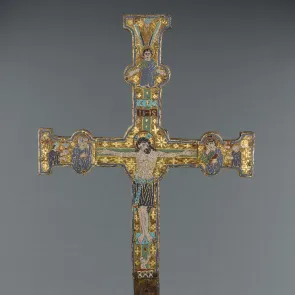 Gilded and enameled metal cross decorated with an enthroned Christ in Majesty, surrounded by the Virgin and Saint John. Front view.