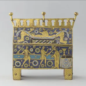 Goldsmith object shaped like a house with enameled scenes on its faces. Visible face (front): the death of Thomas Becket.