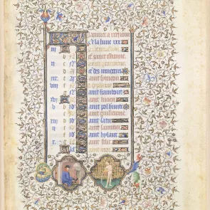 Page enluminée d'un livre : calendrier liturgique avec bordures végétales, médaillons figuratifs et inscriptions gothiques. Vue de face.