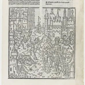 Printed book page: beneath the text, an illustration depicts armed men in front of a city. Front view.