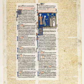 Feuillet de manuscrit avec une vignette enluminée représentant une scène figurative. Vue de face.