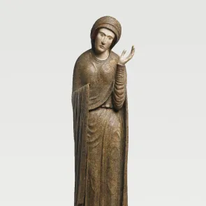 Polychrome wood sculpture depicting the Virgin with her hand raised. Front view on a neutral background.