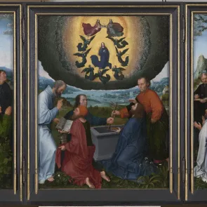 Panneau peint composé de trois volets. Sur le volet central : la Vierge entourée d'anges dans un ciel doré. Autour, douze hommes sont en prière, le regard tourné vers elle, dans un paysage.