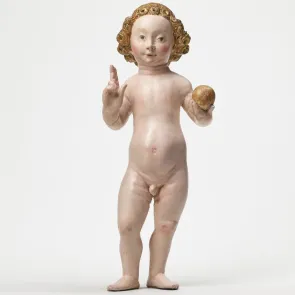 Polychrome wood sculpture: Naked Infant Jesus blessing and holding a globe in His right hand. Front view.