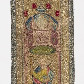 Vertical embroidered band depicting three saints. Front view.