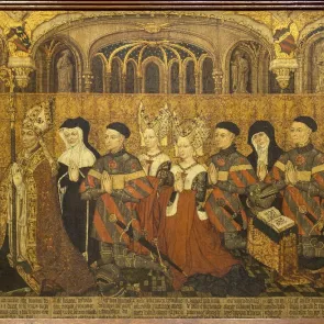 Painting depicting a couple praying, followed by men and women in prayer between two bishops. Front view.
