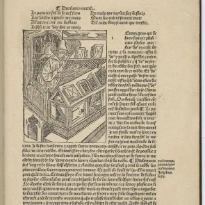 Printed book page adorned with a historical scene framed by text. Front view.