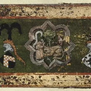 Painted wooden panel depicting historical scenes between coats of arms. Front view.