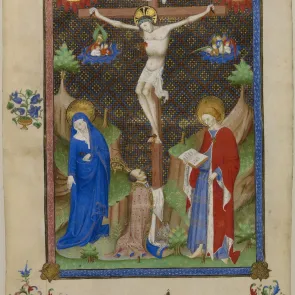 Enluminure : Christ crucifié entre la Vierge et saint Jean, un homme agenouillé au pied de la croix. Vue de face.