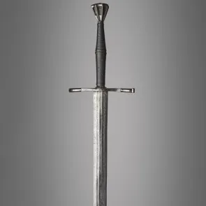 Metal sword with a tapered blade, leather-wrapped grip, S-shaped guard, and diamond-shaped pommel. Front view.