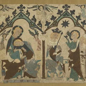 Embroidery depicting four scenes from the lives of saints under arcades surmounted by angels. Front view.