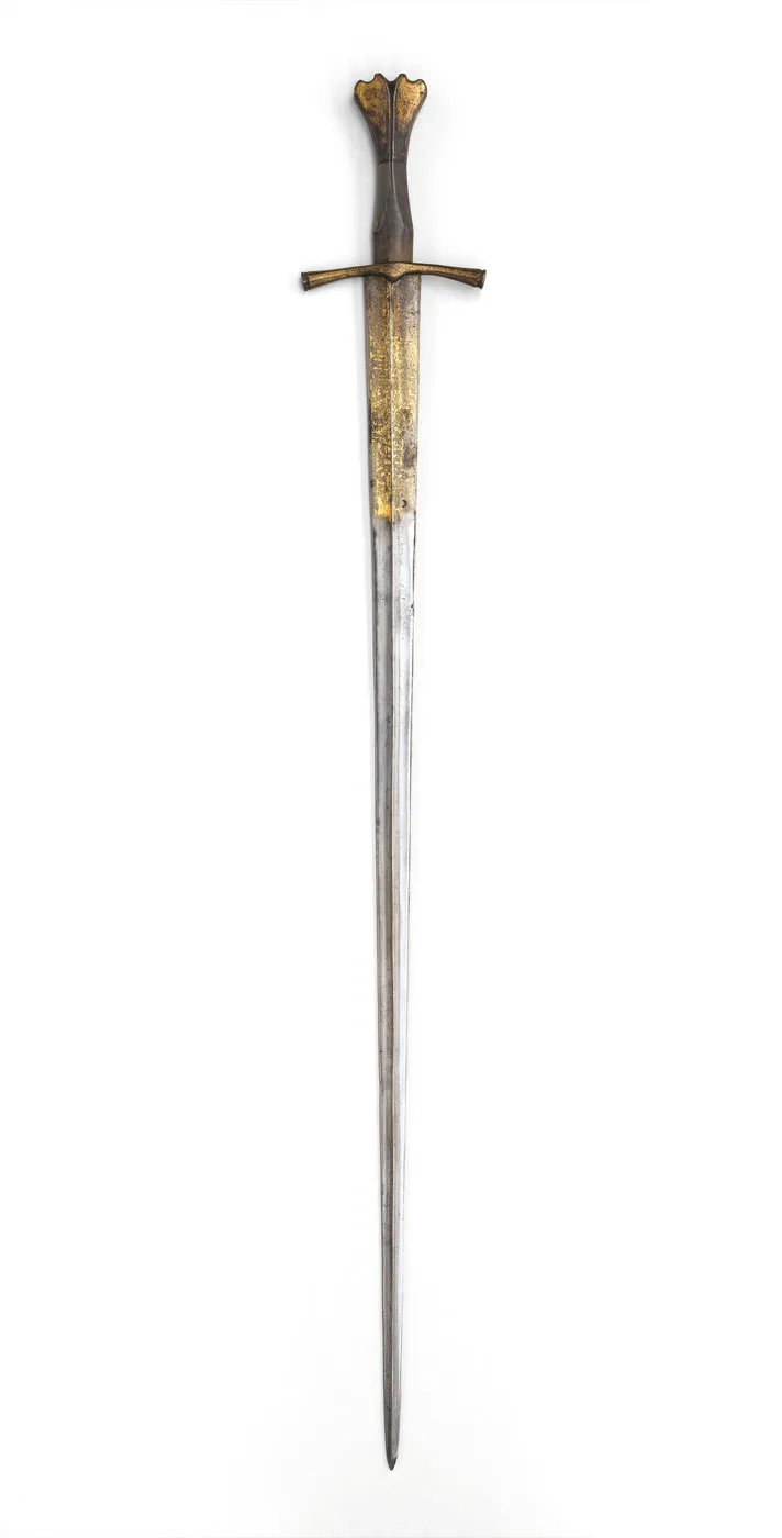 Espada de metal con pomo en forma de cola de pez. Vista frontal.