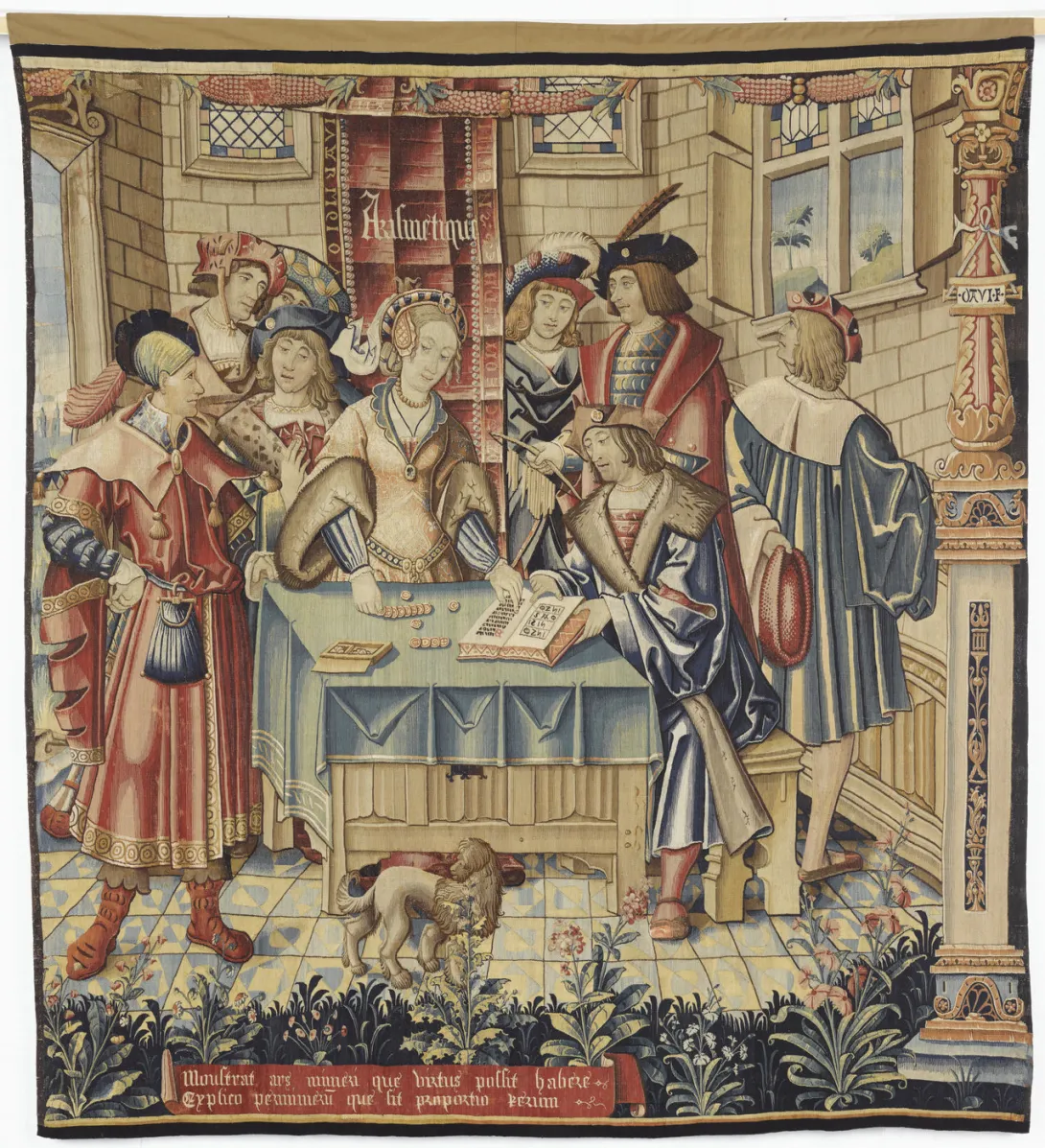 Tapestry depicting a woman counting tokens, surrounded by eight men. Front view.