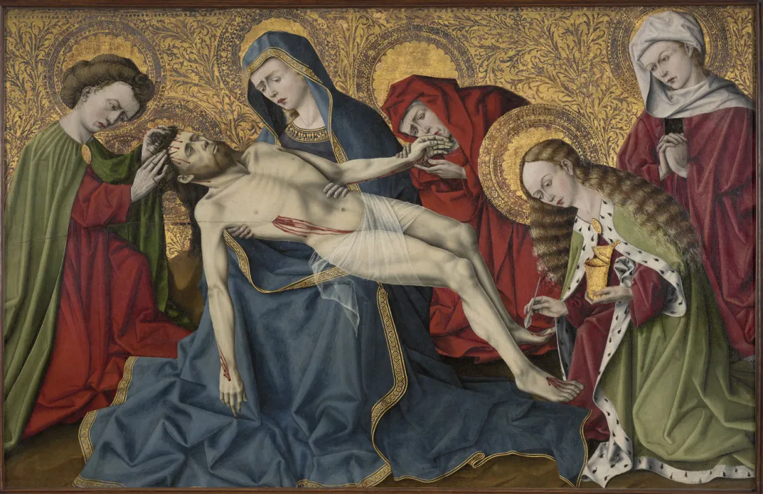 Panneau de bois peint : Christ sur les genoux de la Vierge, entouré de personnages. Vue de face.