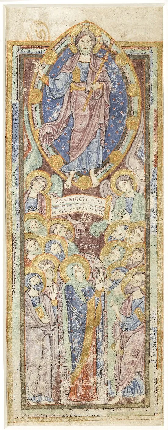 Feuillet enluminé : le Christ bénissant entre deux anges au-dessus de personnages auréolés, le visage levé. Vue de face.