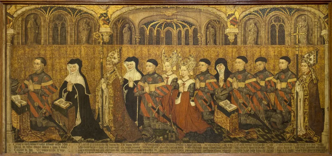 Peinture représentant un couple en prière, suivi d’hommes et de femmes en prière entre deux évêques. Vue de face.