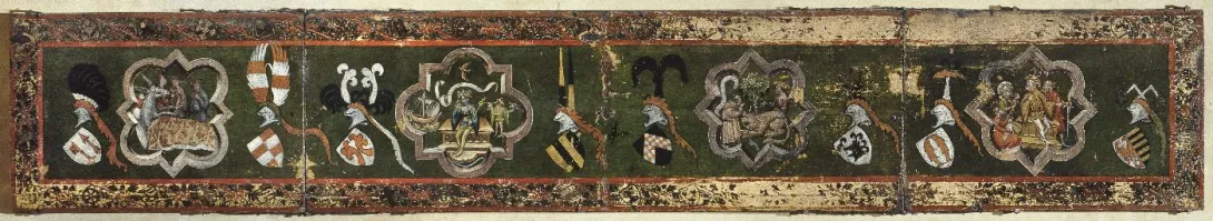 Panneau de bois peint représentant des scènes historiées entre des armoiries. Vue de face.