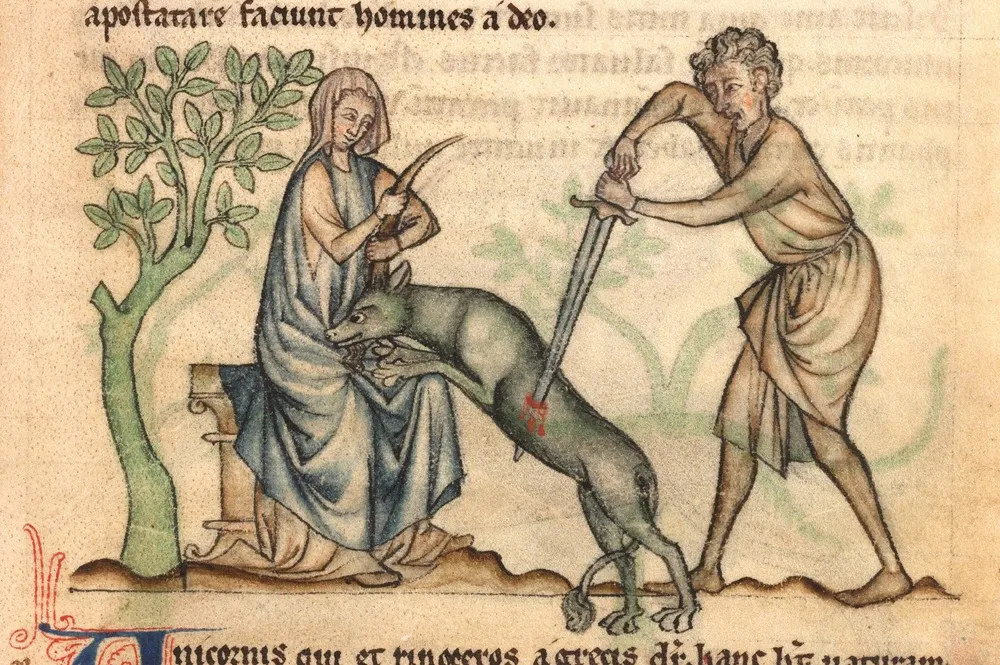 La mort de la licorne, dans Bestiaire de Marchiennes, France du nord (Cambrai ?), 1265-1280 ; Douai, Médiathèque Marceline Desbordes-Valmore, ms 711, fol. 4