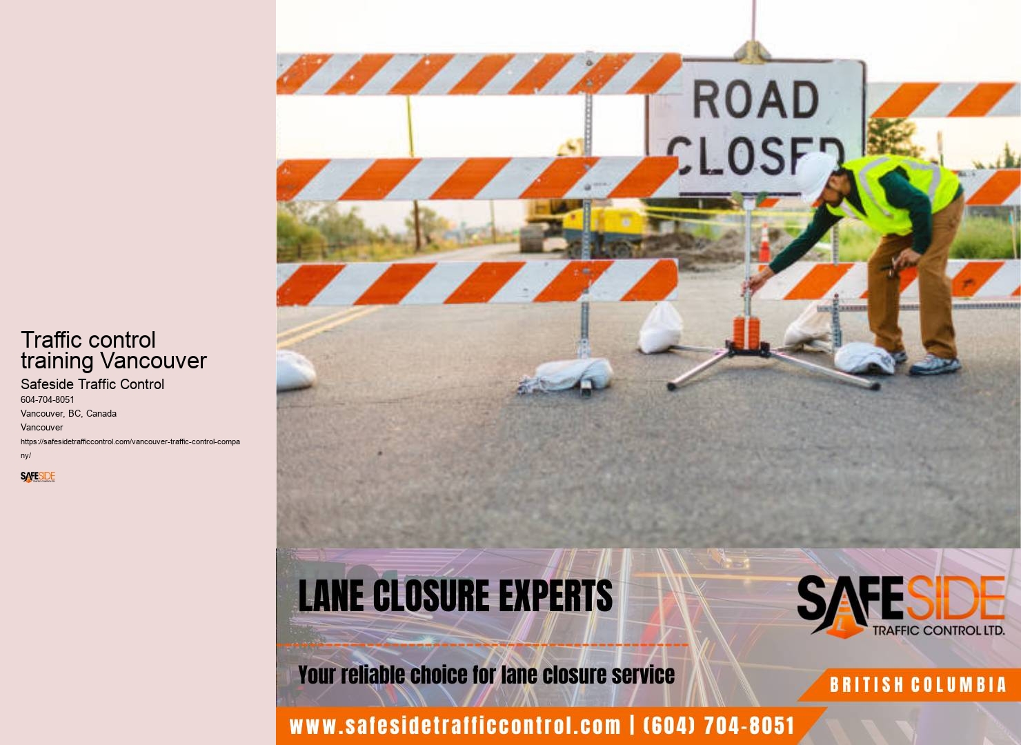 Roadwork traffic control equipment sales Traffic control training Vancouver