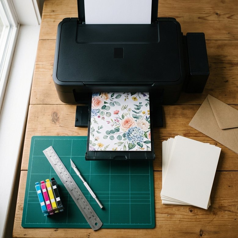 A desktop inkjet printer on a craft desk, a freshly printed floral card in the output tray, with a cutting mat, steel ruler, craft knife and a stack of blank card blanks alongside.