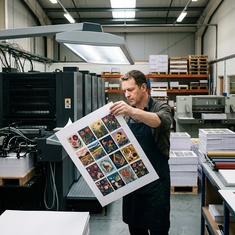 A printer in a workshop holds up a large press sheet ganged with sixteen different card designs, checking it against the light beside a production press.