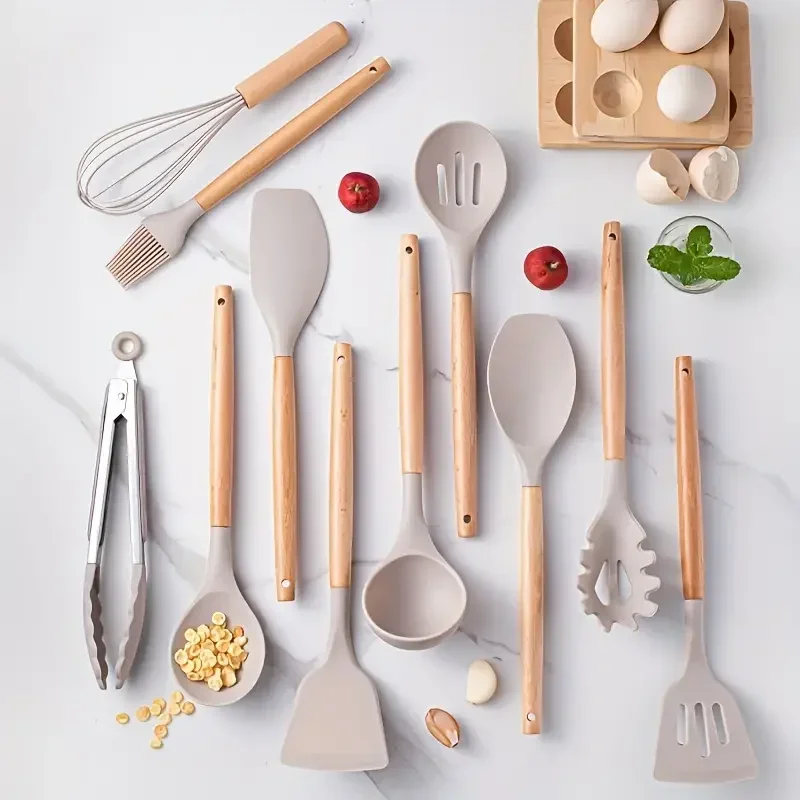 Ensemble d'ustensiles de cuisine – 12 pièces avec manche en bois – Image 2