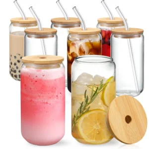 Tasses en verre avec couvercles et paille en bambou, 350ml/550ml, 1 pièce