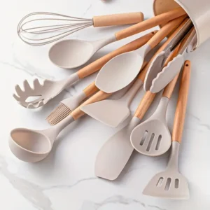 Ensemble d'ustensiles de cuisine – 12 pièces avec manche en bois