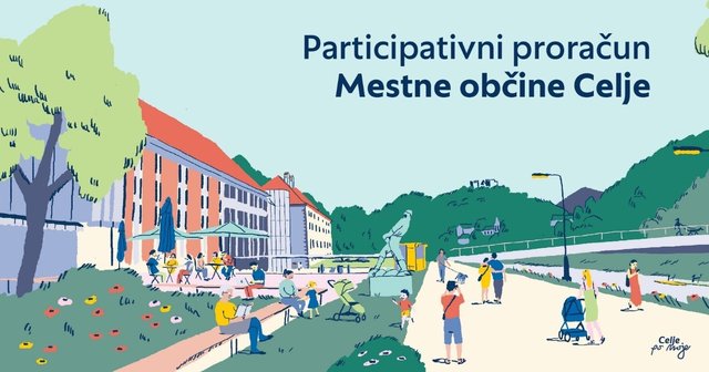 Ilustracija, ki prikazuje utrip mestnega življenja v Celju in spodbuja participativni proračun Mestne občine Celje, z elementi zelenih površin, sprehajalcev in mestne arhitekture