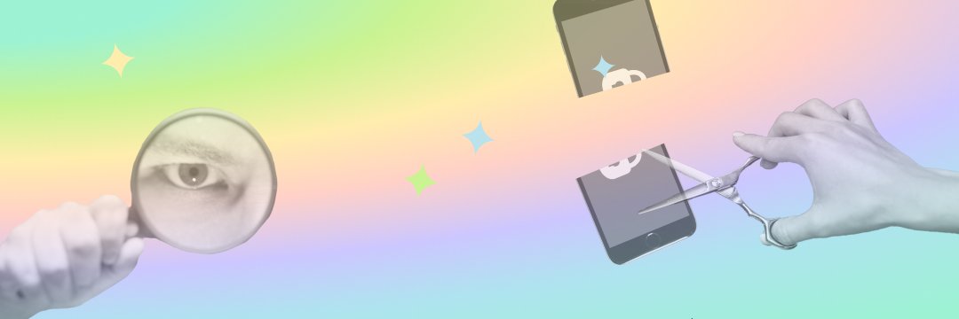 na mavričnem ozadju fotografija roke s povečealnim steklom, v katerem je oko, in roke s škarjami, ki reže telefon.