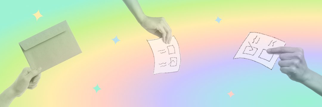 na mavričnem ozadju fotografije rok, ki imajo v rokah glasovnice.