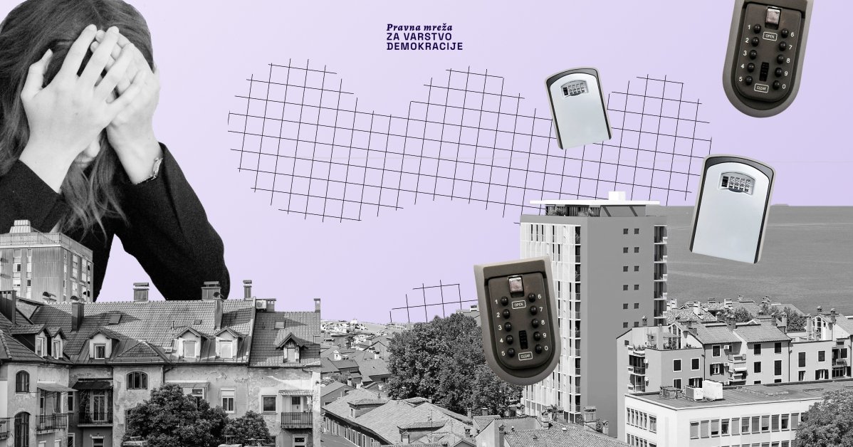 Obupana ženska, hiše in bloki ter lockboxi, ki se uporabljajo pri oddajanju stanovanj na Airbnb