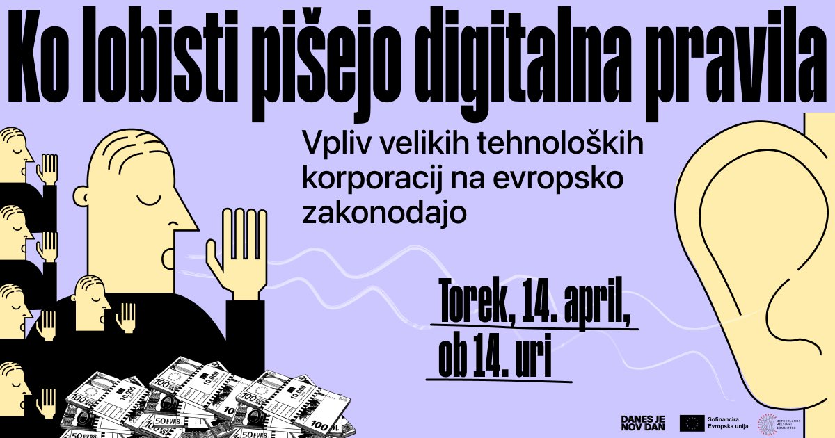 Ko lobisti pišejo digitalna pravila, ilustracija lobistov, ki prišepetujejo v uho, denar.