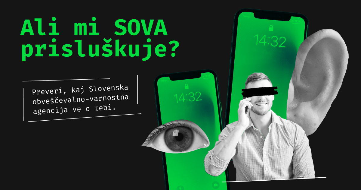 Napisa Preveri, ali ti SOVA prisluškuje? ter Preveri, kaj slovenska obveščevalno-varnostna agencija ve o tebi. Kolaž fotografij telefona z očesom in ušesom, moški, ki govori po telefonu.