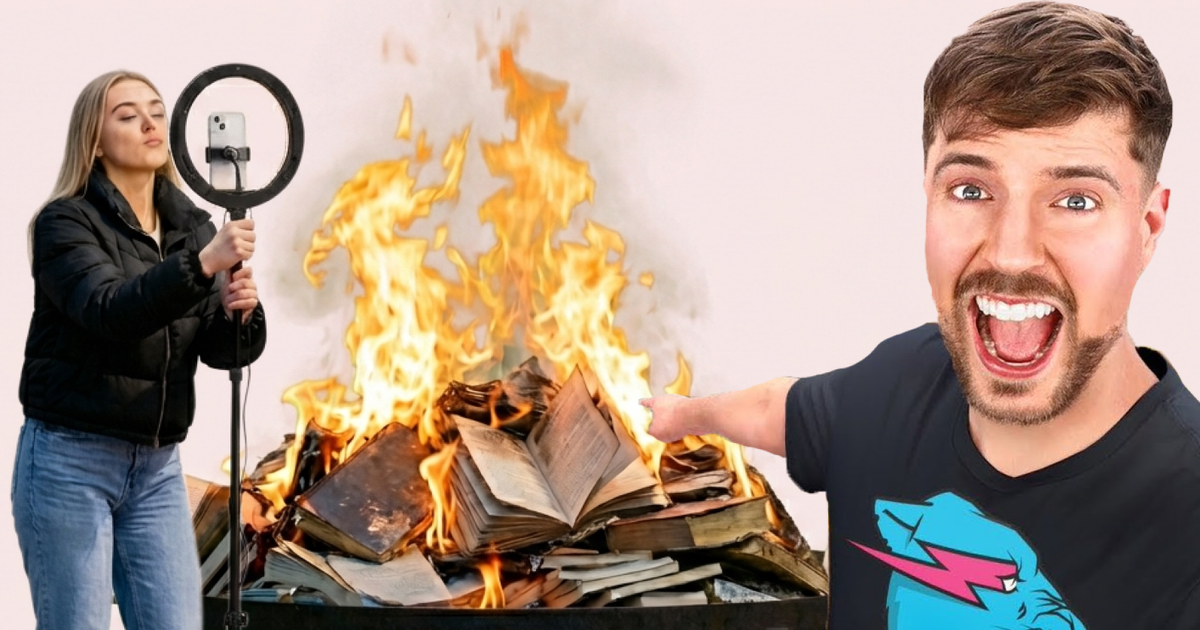 Youtuber Mr. Beast, goreč kup knjig in ženska, ki stoji pred stojalom za snemanje s telefonom
