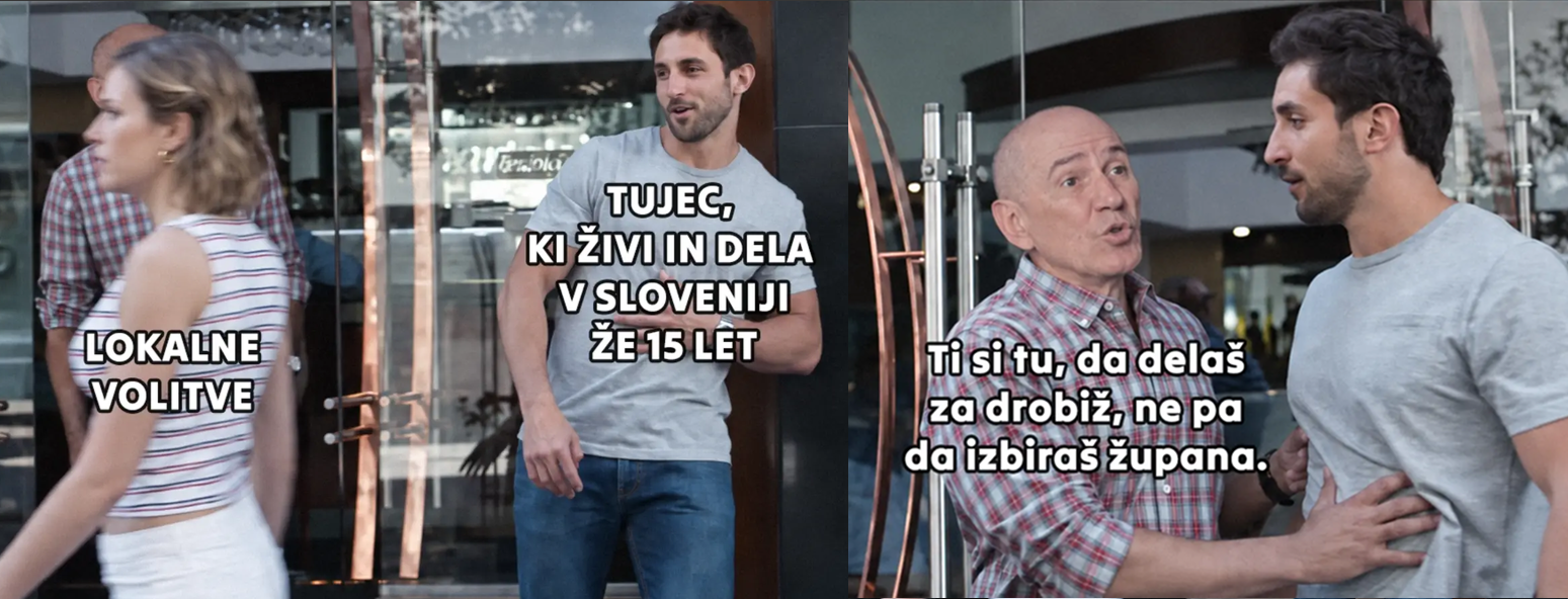 Meme tujca, ki želi glasovati, a mu je povedano, da je tu, da dela za drobiž
